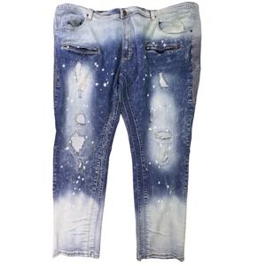 Makobi Men's Distressed Moto Jeans Size 52x34‎ Paint Splatter Biker Denim